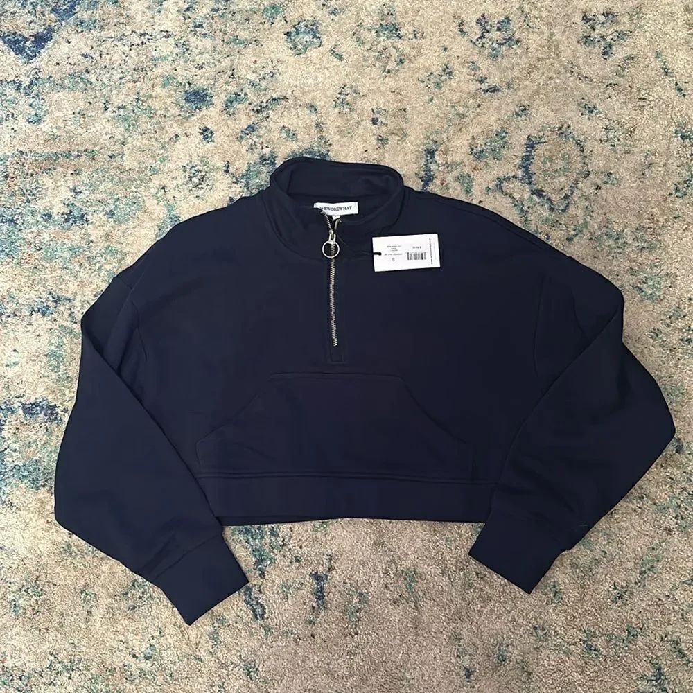 NWT WeWoreWhat Cropped Half Zip Pullover Terry In Dress Blue - Picture 5 of 6